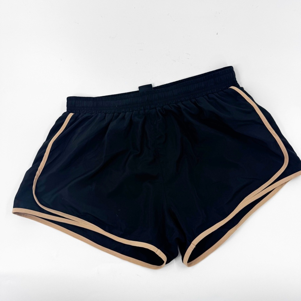PE Nation Womens Black Running Shorts Tan Piping Logo Back Pocket Size Medium‎